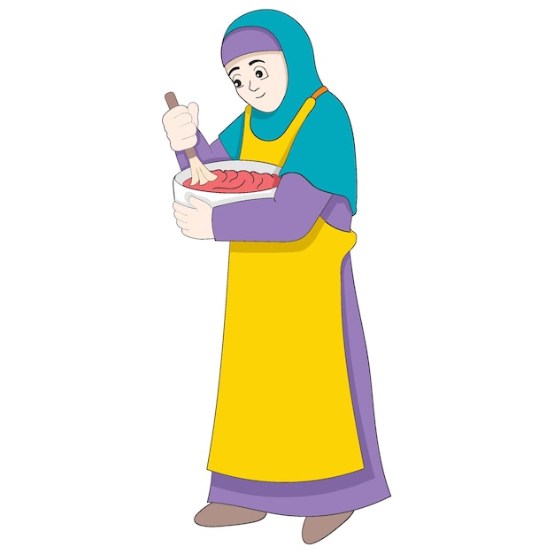 La giovane ragazza musulmana sta preparando l'impasto della torta per il pasto iftar