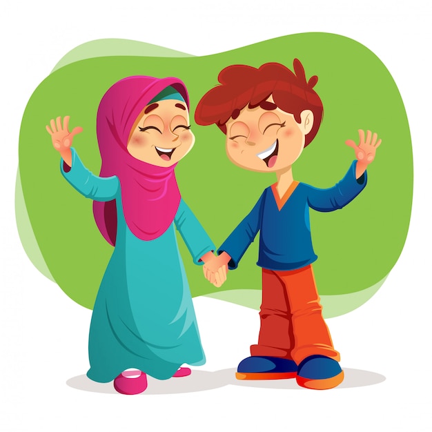 Vettore giovani bambini musulmani che esprimono felicità