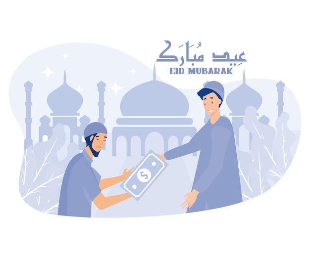 Vector young muslim man giving money to homeless people eid mubarak flat vector modern illustration