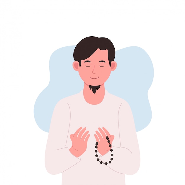 Young Muslim Man Praying With Prayer Beads