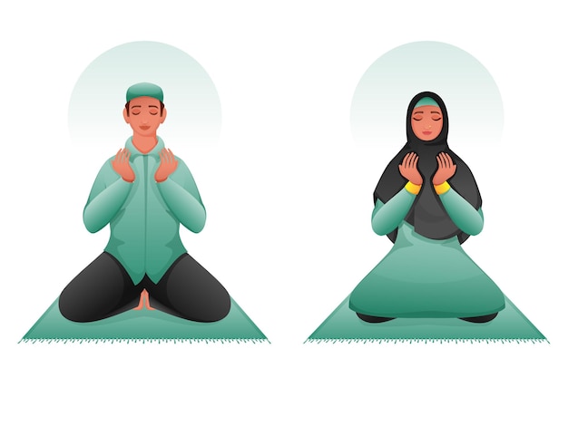 Vector young muslim man and woman offering namaz (prayer) on mat.