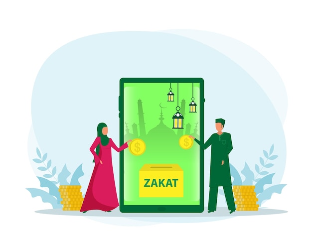 Young muslim with online pay zakat app concept on green background