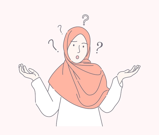 Vector young muslim woman confused hand drawn style, cute teen with scarf spreads hand with question mark isolated.