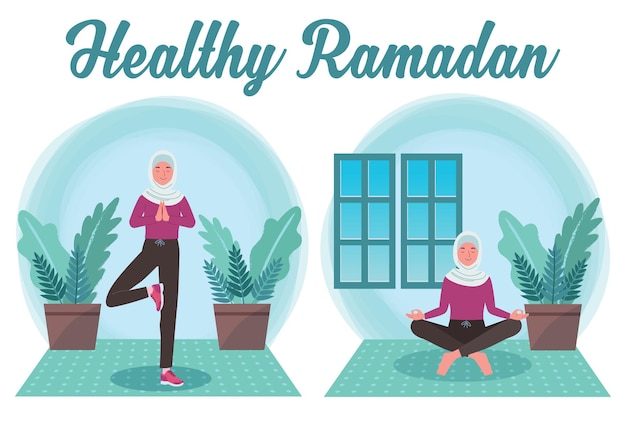 Una giovane donna musulmana che fa yoga nel mezzo del mese di ramadan