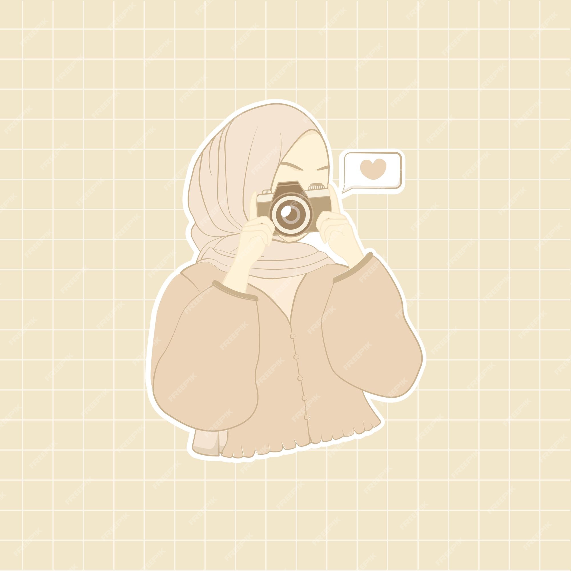 Premium Vector  Young muslim woman wearing hijab taking photo with camera aesthetic  profile