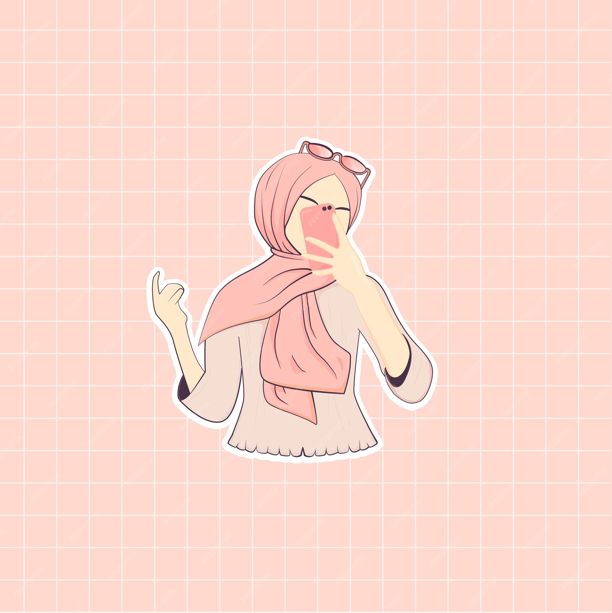 Premium Vector  Young muslim woman wearing hijab taking selfie aesthetic  profile pink background