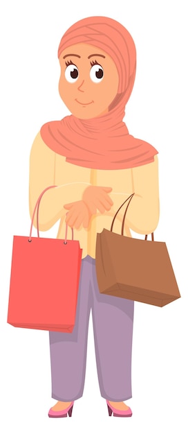 Young muslim woman with shopping bags Cartoon islamic customer