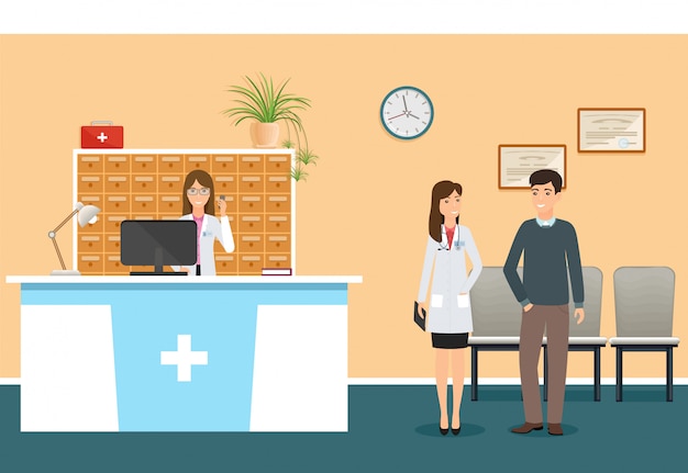 Young nurse at hospital reception desk in clinic and woman doctor in uniform standing with patient.