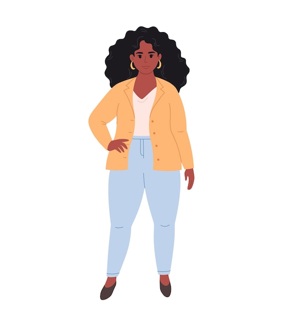 Vector young overweight black woman in office outfit. business woman. teacher, entrepreneur, office worker