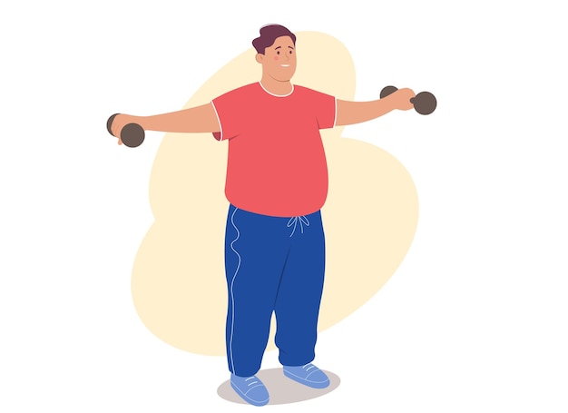 Young overweight man doing exercises with dumbbells Concept of healthy lifestyle and sports for weight loss