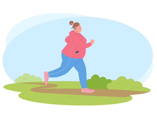 Vector young overweight woman is engaged in sports woman is jogging in the park concept of healthy lifestyle