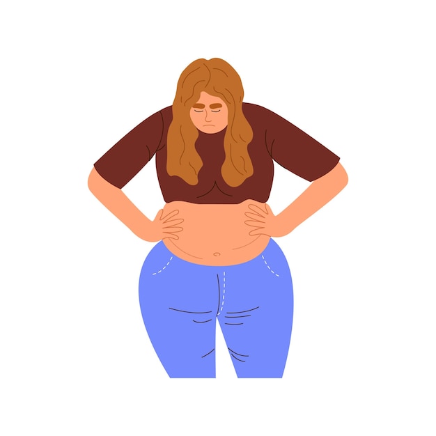 Young overweight woman looking on big fat belly sad chubby girl touching her full tummy vector