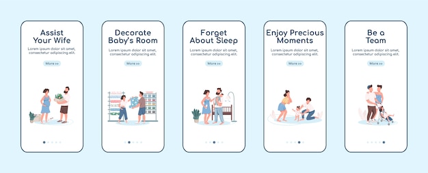 Young parents onboarding mobile app screen flat template. child care and parenthood. walkthrough website steps with characters. ux, ui, gui smartphone cartoon interface, case prints set