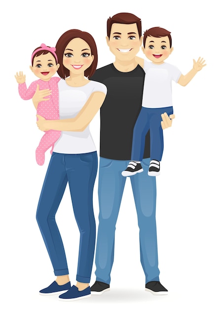 Young parents with newborn baby and toddler boy vector illustration isolated. Happy family portrait