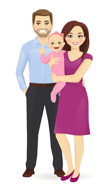 Vector young parents with newborn baby vector illustration isolated. happy family portrait