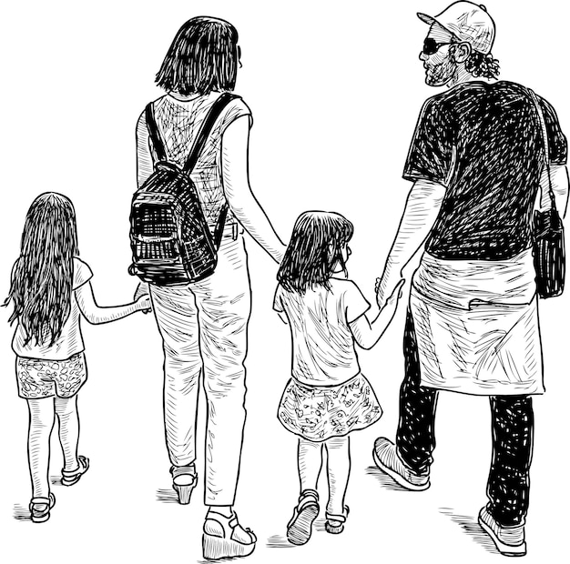 아이들과 산책하는 젊은 부모들
