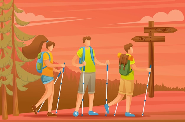 Vector young people actively spend holidays, nordic walking in the forest at sunset