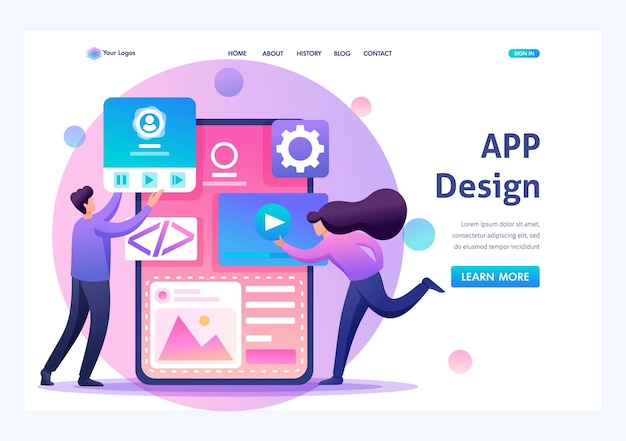 Young people are engaged in mobile application design website pages development Flat 2D character Landing page concepts and web design