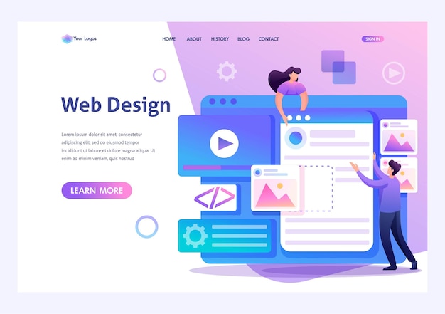 Vector young people are engaged in web design website page development flat 2d character landing page concepts and web design