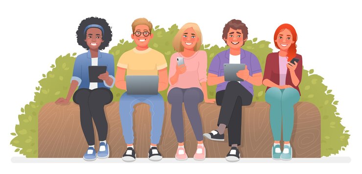 Vector young people are sitting on a bench with gadgets. students use laptops, smartphones and tablets for study. internet addiction. vector illustration in cartoon style