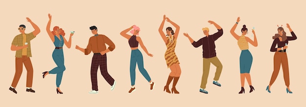 Vector young people cartoon characters dancing parting isolated set happy positive man and woman moving to music shaking body feeling fun and excited vector illustration