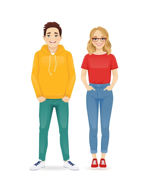 Vector young people in casual clothes smiling couple man and woman isolated vector illustartion