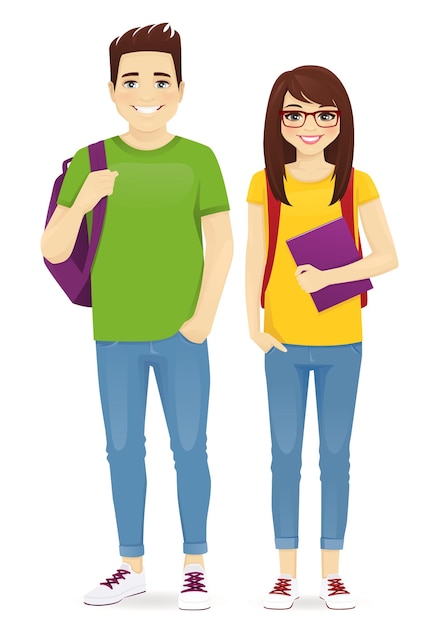 Vector young people in casual clothes with backpacks. smiling man and girl isolated vector illustration