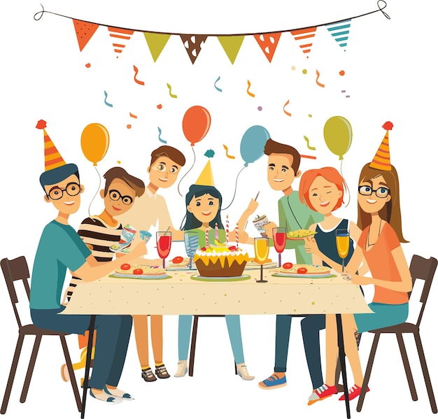 Vettore i giovani festeggiano la festa di compleanno alla tavola da pranzo illustrazione ui illustrazione minimalismo