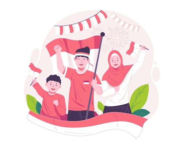 Vector young people celebrate indonesia's independence day by raising the red and white indonesian flag