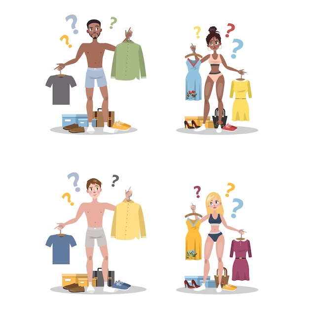 Young people choosing between two clothes set. Man and woman in doubt thinking what to wear today.    illustration