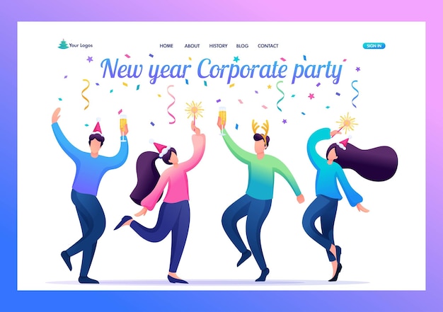 Young people at a christmas corporate party dancing having fun flat 2d character landing page concepts and web design