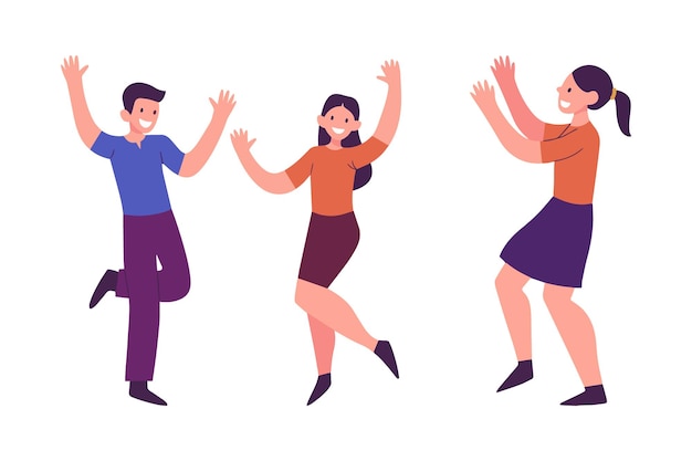 Young people dancing to cartoon character illustration set