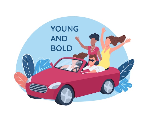 Vector young people driving red convertible car 2d web banner, poster. young and bold phrase. flat characters on cartoon background. rich lifestyle printable patch, colorful web element