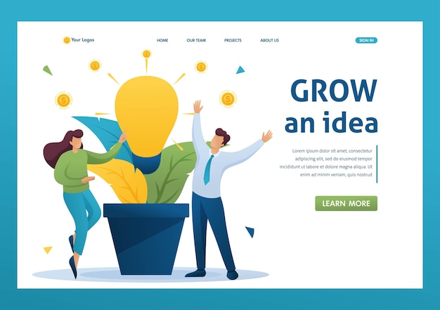 Young people enjoy the growth of business idea business startup profit flat 2d character landing page concepts and web design