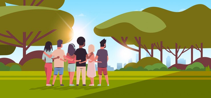 वेक्टर young people group embracing rear view men women hugging friendship day celebration friends having fun sunset landscape 