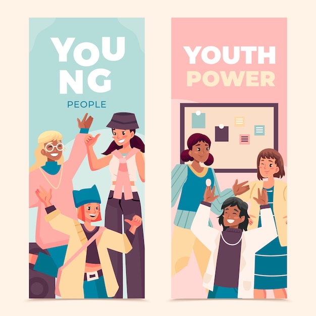 Young people hand drawn cartoon banner set