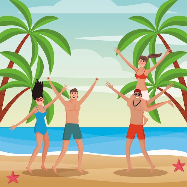 Young people having fun at beach cartoons 