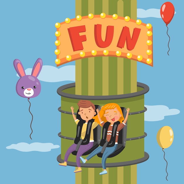 Young people having fun on launched freefall attraction in amusement park   illustration, design element for poster or banner