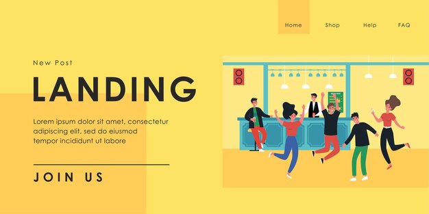 Vector young people having fun at party in bar. flat vector illustration. women and men, friends dancing to loud music with cocktails. fun, party, disco, alcohol, holiday, youth concept for banner design
