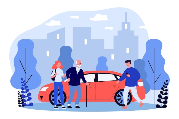 Young people helping aged person with sitting down in taxi in flat design