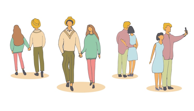 Vector 젊은이들은 손을 잡고, 셀카를 찍고, 걷습니다. 벡터 손으로 그린 그림입니다.