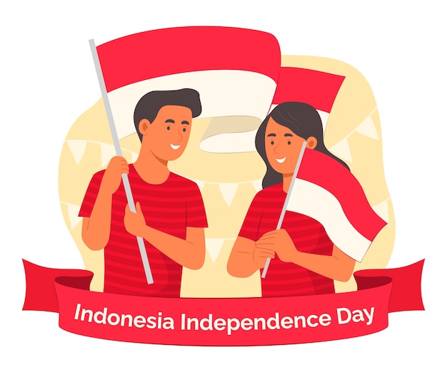 Vettore giovani che tengono la bandiera indonesiana per la celebrazione del giorno dell'indipendenza dell'indonesia