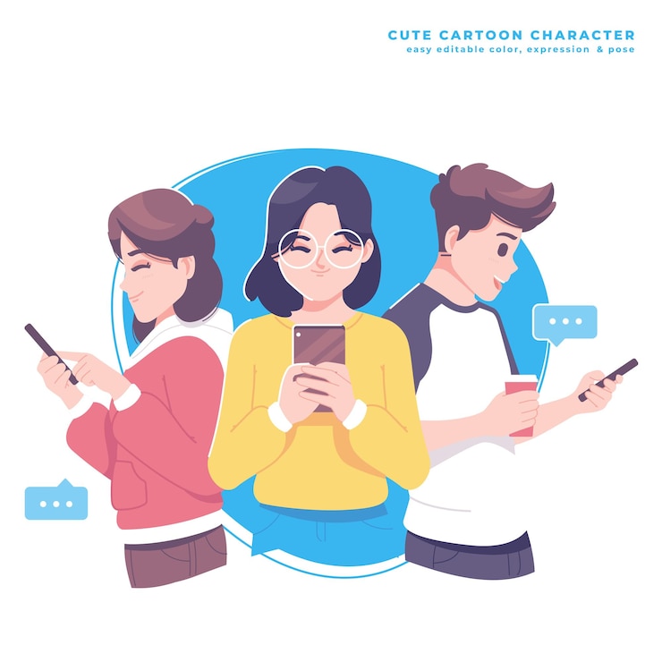 Vector 스마트폰을 들고 있는 젊은이들의 일러스트레이션 디자인