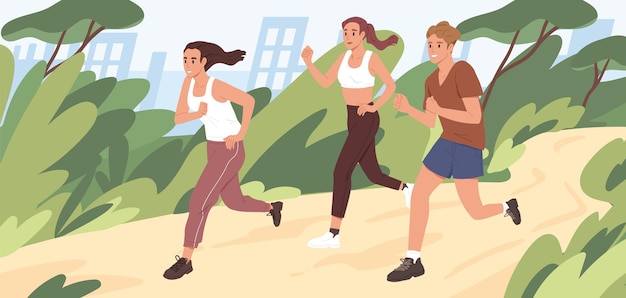 Young people jogging in city park in summer. group of runners running along path, training outdoors. active and healthy lifestyle of male and female joggers. colored flat vector illustration.