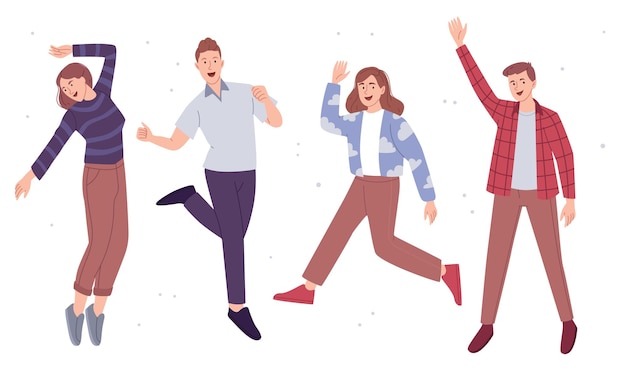 Vector young people jumping for happiness set of boys and girls