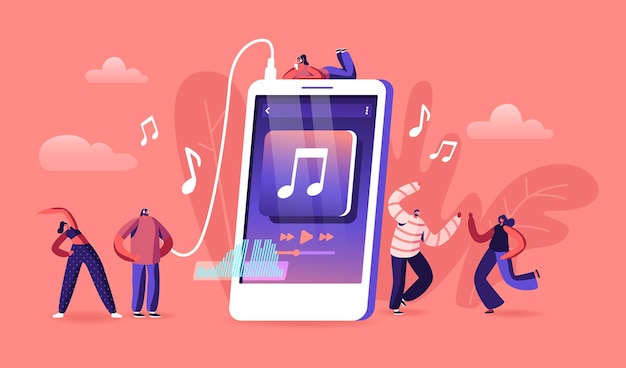 Young people listen music on mobile phone application concept. cartoon flat illustration