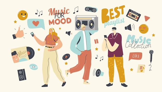 Vector young people listen playlist with sound composition on music player or mobile phone application. male and female characters wearing headphones enjoying and relaxing. cartoon people vector illustration