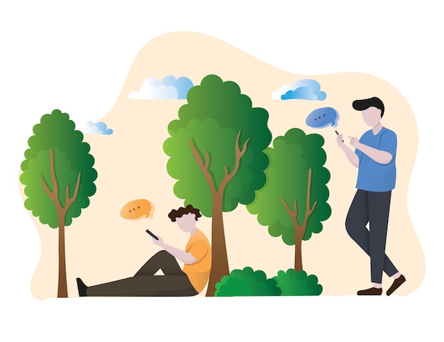 Young People Looking on Smartphone and Chatting in the outdoor park Flat Cartoon style illustration