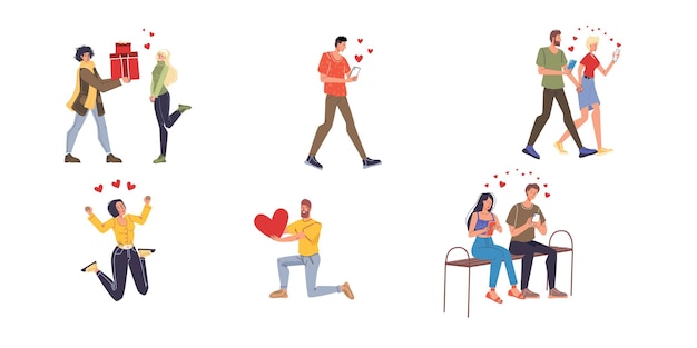 Young people in love set of flat illustrations for valentine's day