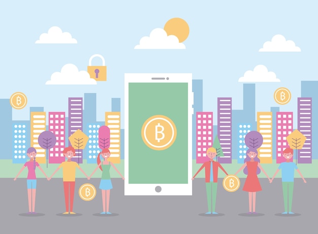 Young people mobile bitcoin business with city background